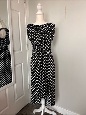 Studio Black and White Polka Dot Smocked-Waist Midi Dress